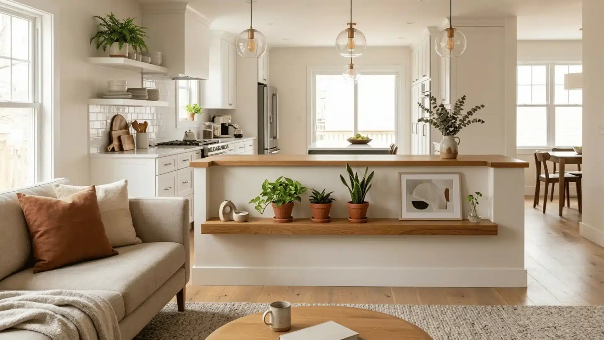 high quality picture in white back ground and white wall paints with multiple plants and a sofa with coffee table