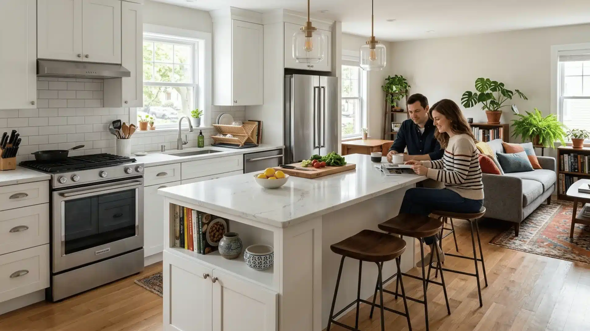 high quality picture of a woman and man enjoying there quality time on the counter top with coffee