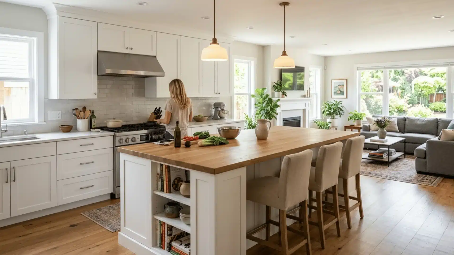 high quality picture of women working in the kitchen with a large space and outdoor view