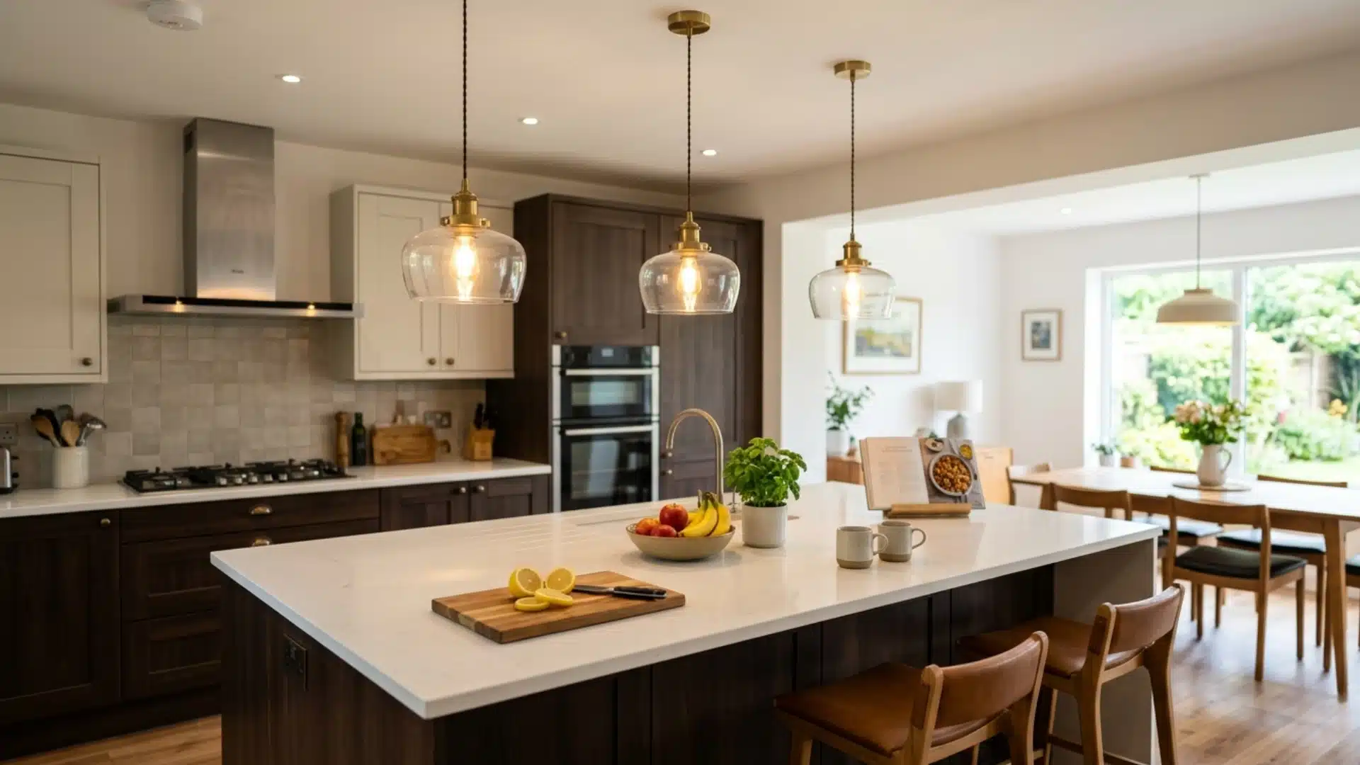 high quality picture og three hanging pendant lights above the island