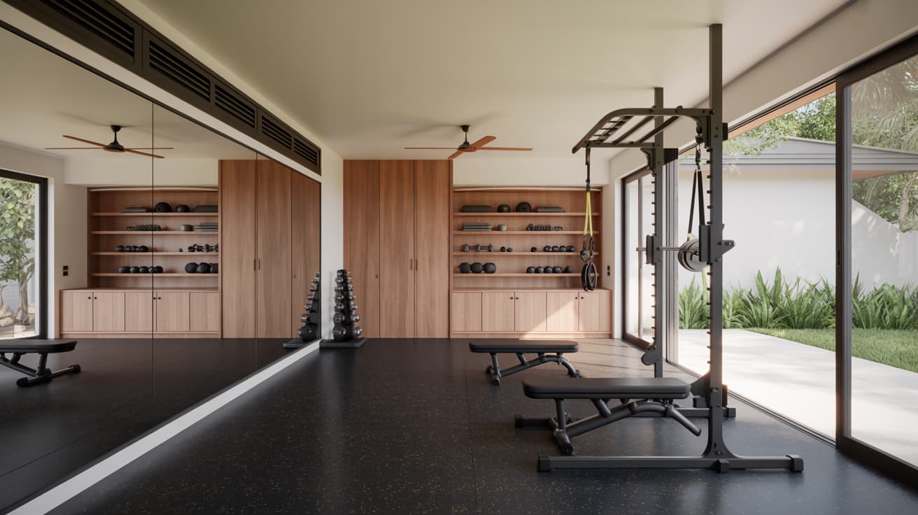 home gym with rubber flooring mirrors natural light ventilation and organized workout space