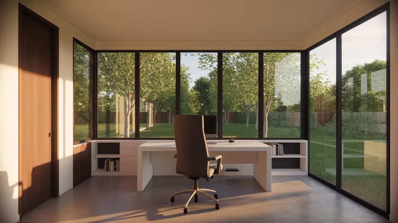 home office with backyard view, ergonomic desk, natural light, cable management, and acoustic separation