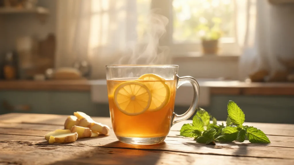 homemade lemon tea in glass mug with lemon slices mint leaves and honey on rustic wooden table with warm sunlight steam rising cozy morning drink