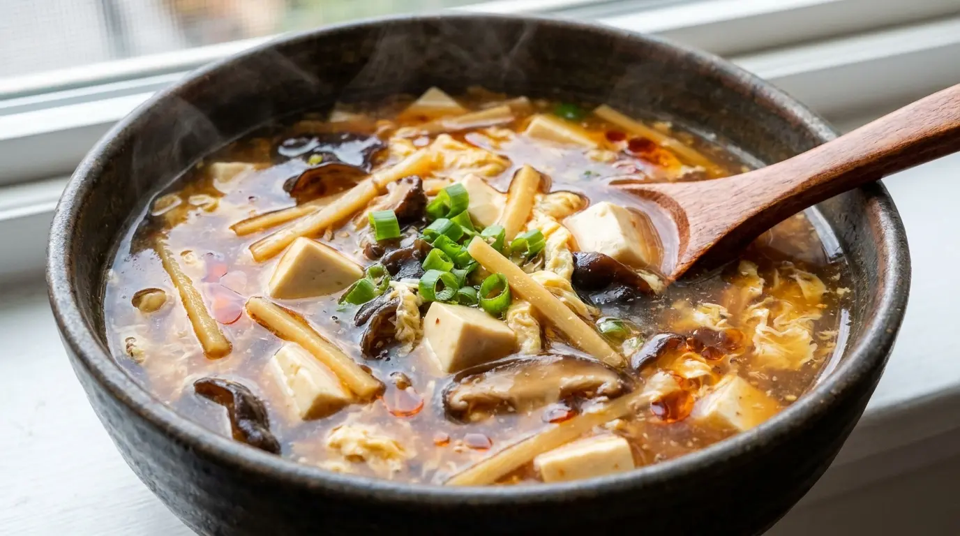 hot and sour soup with mushrooms tofu bamboo shoots egg ribbons and scallions in a bowl