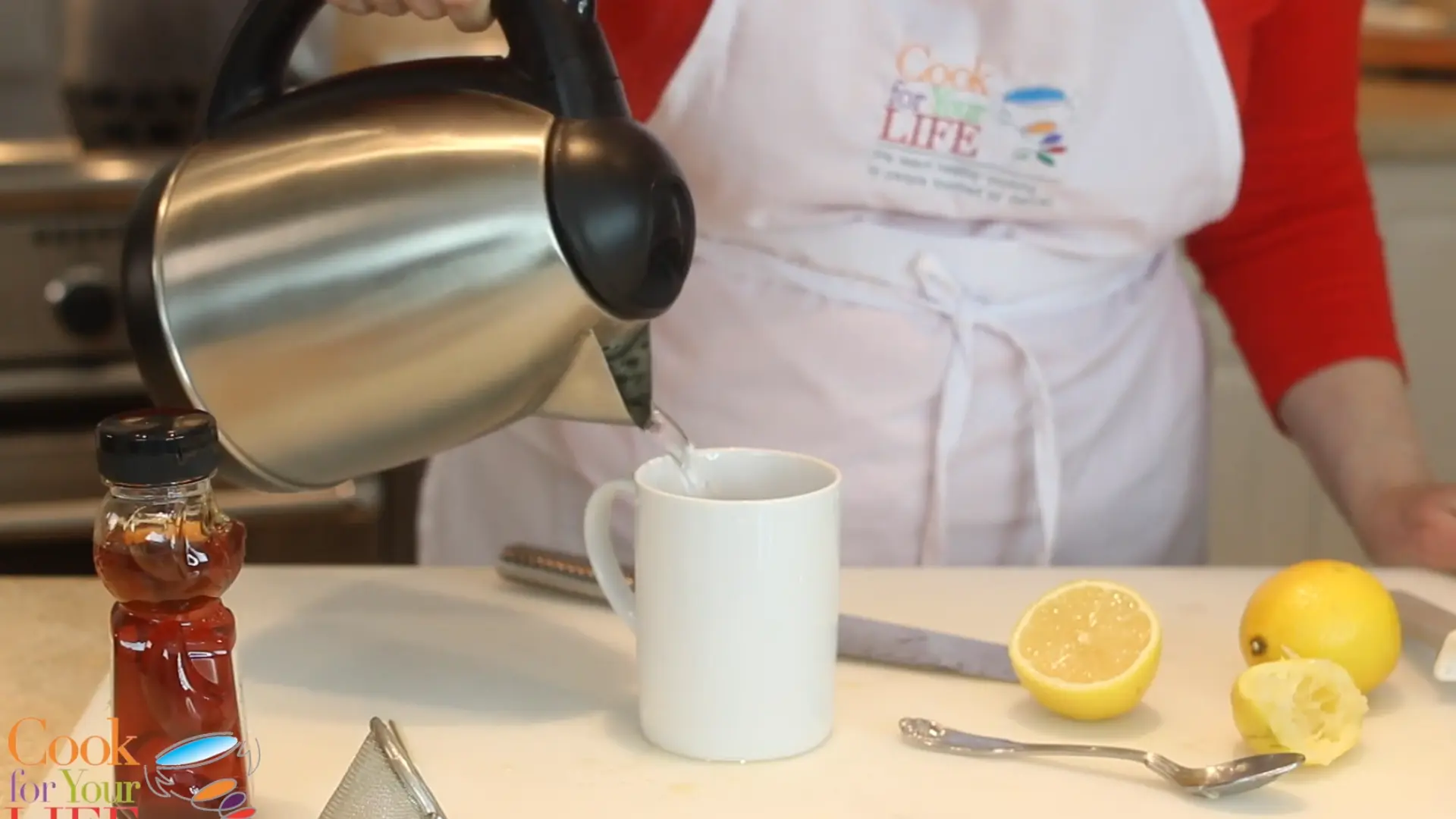 hot water added to lemon honey mixture to help dissolve honey completely