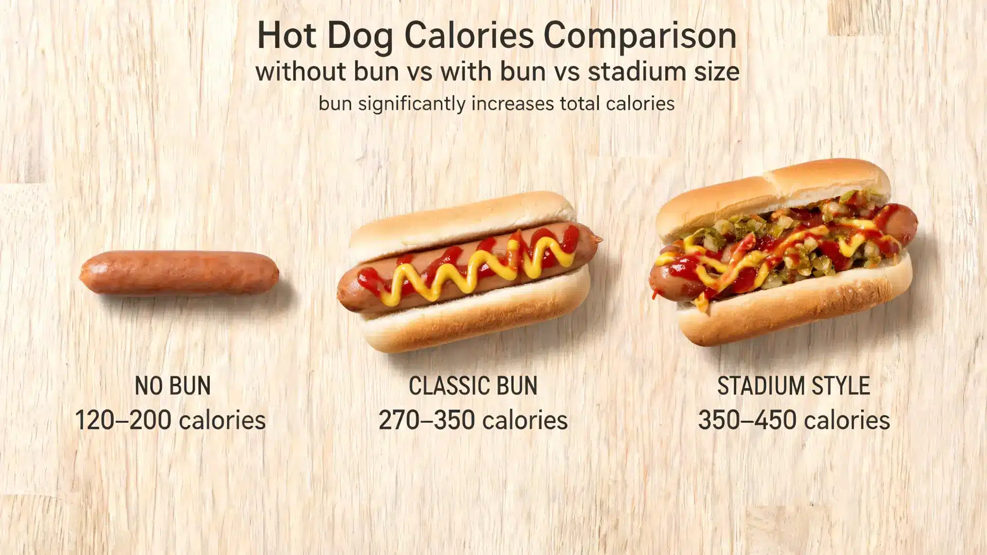 hot dog calories comparison without bun with bun and stadium hot dogs side by side food infographic realistic style wooden table soft lighting simple layout