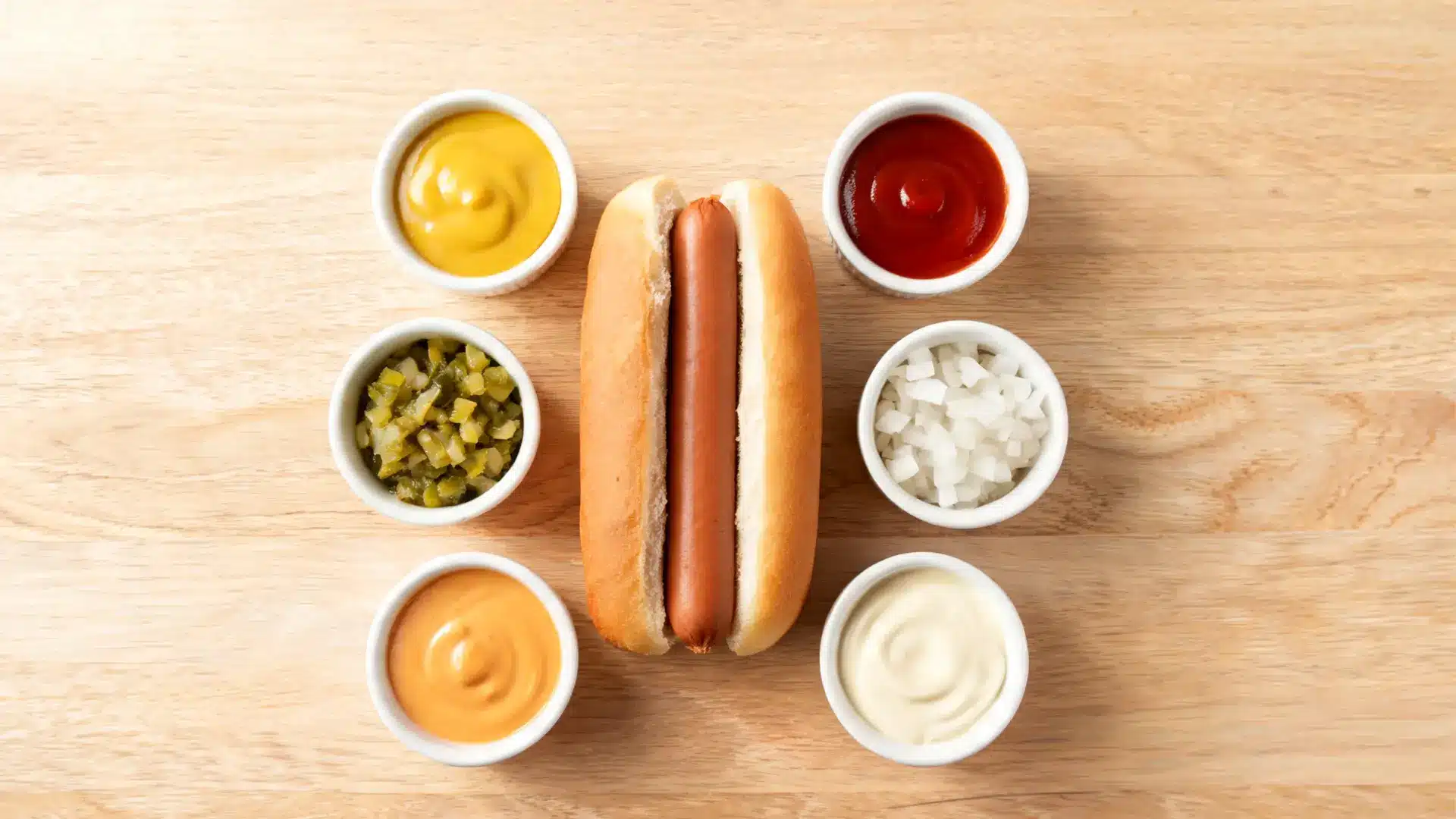 hot dog toppings food photography top view bowls condiments wooden table realistic blog image
