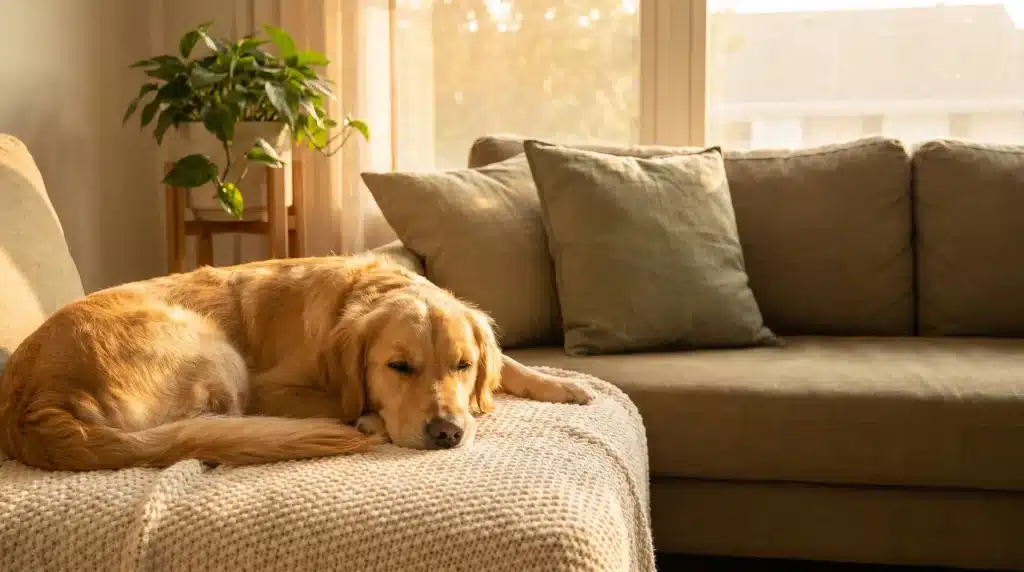 Golden retriever resting on a beige sofa next to green cushions in warm sunlight