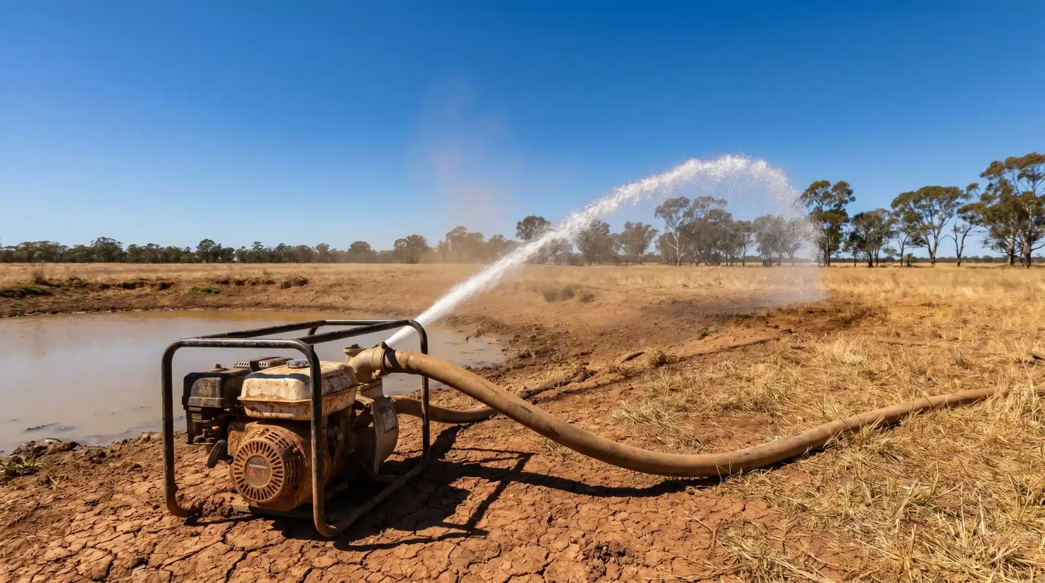 Water pump spraying water onto dry field under clear blue sky