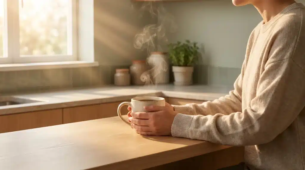 Person holding steaming mug on wooden table in sunlit kitchen