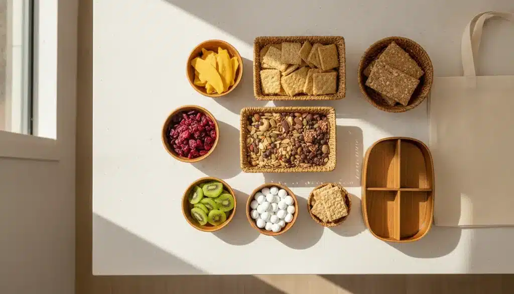 Assorted snacks in wooden and woven bowls on white countertop under bright natural light