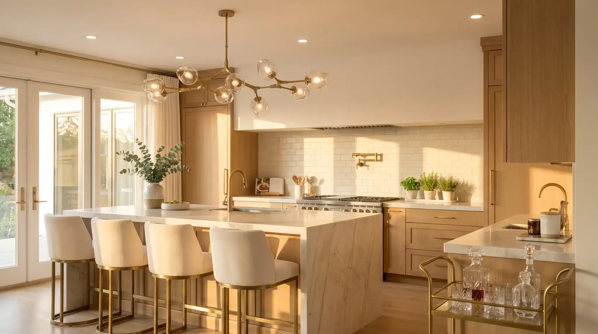 Modern kitchen with marble island, white barstools, gold chandelier, and wooden cabinets in warm lighting.