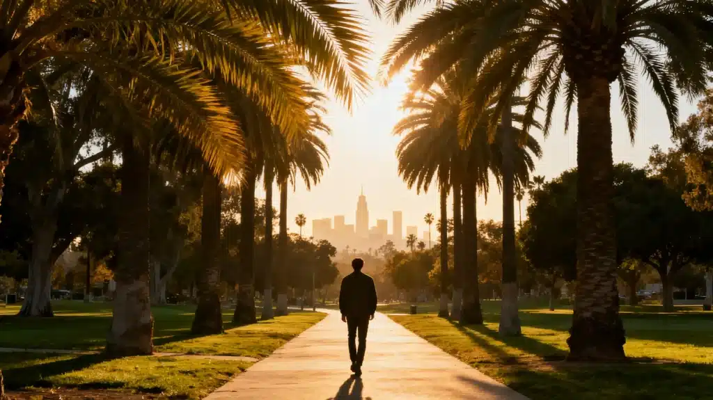 Silhouette of person walking along palm-lined path towards city skyline at sunset