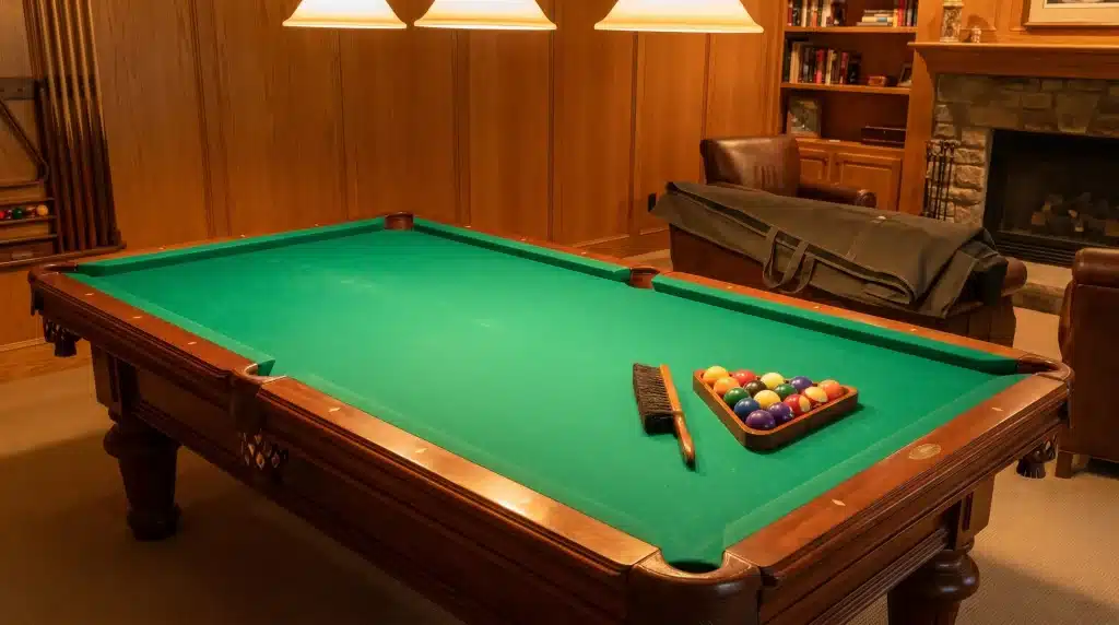 Pool table with balls and brush on green felt surface in warm-toned living room