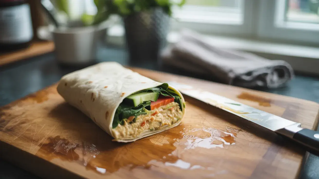 hummus veggie wrap cut in half with fresh vegetables visible on board in soft natural light in clean kitchen setting (1)