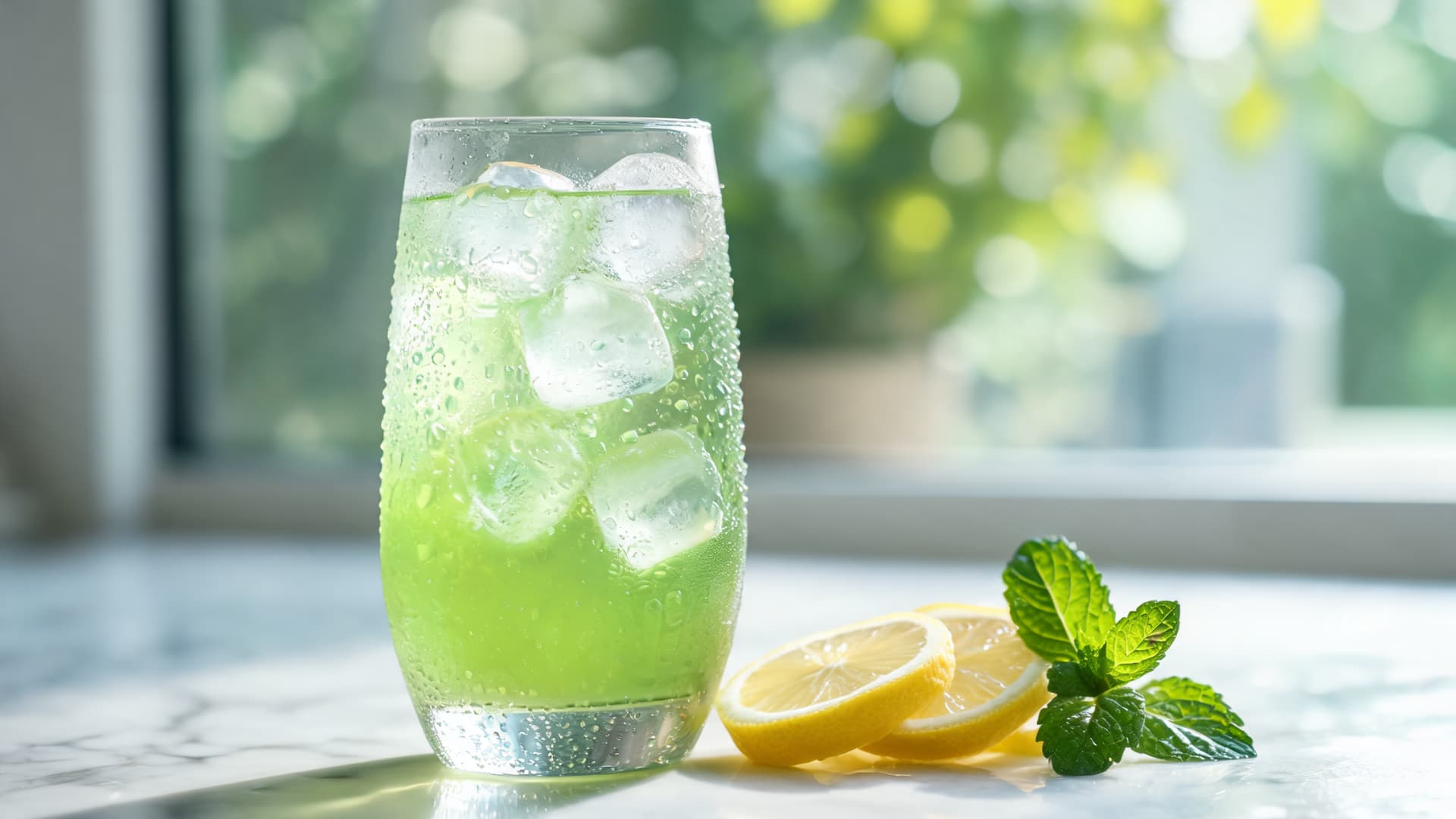 iced green tea with ice cubes for refreshing cool summer hydration and light flavor