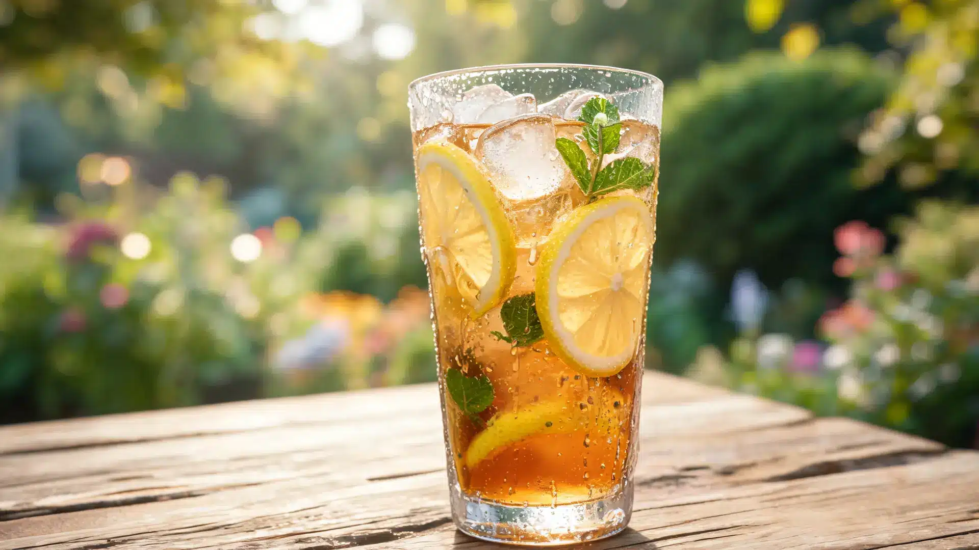 iced lemon tea in tall glass with ice cubes lemon slices and mint leaves on sunny day