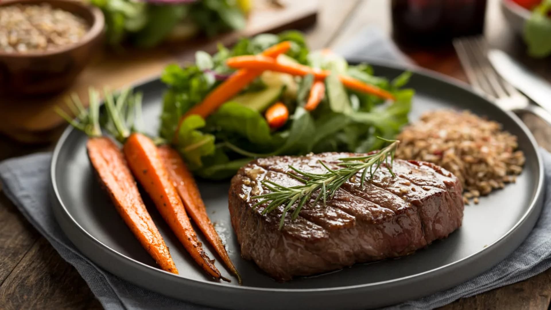 image of a balanced steak meal, showing a lean cut of steak (like sirloin) served with a side of vegetables such as roasted carrots, a salad, and a small portion of whole grains (1)