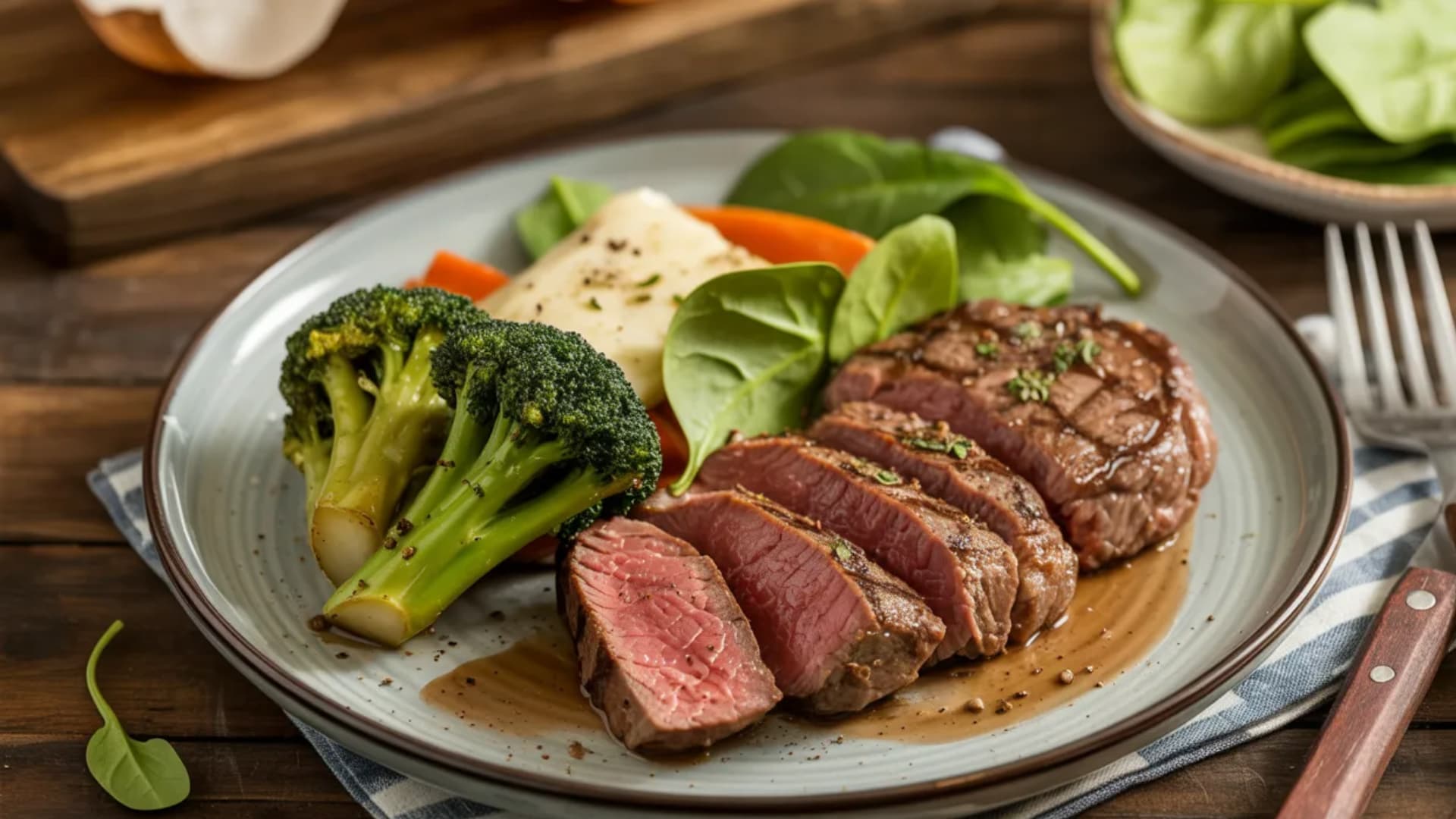 image of a balanced steak meal, showing a lean cut of steak (like sirloin) served with a side of vegetables such as roasted carrots, a salad, and a small portion of whole grains