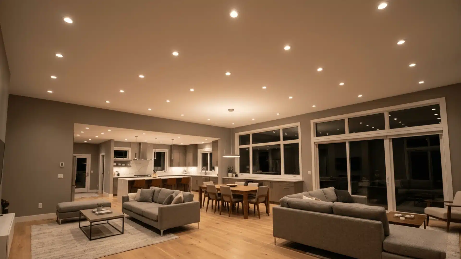 image showcases an open-concept living area with a comprehensive recessed lighting