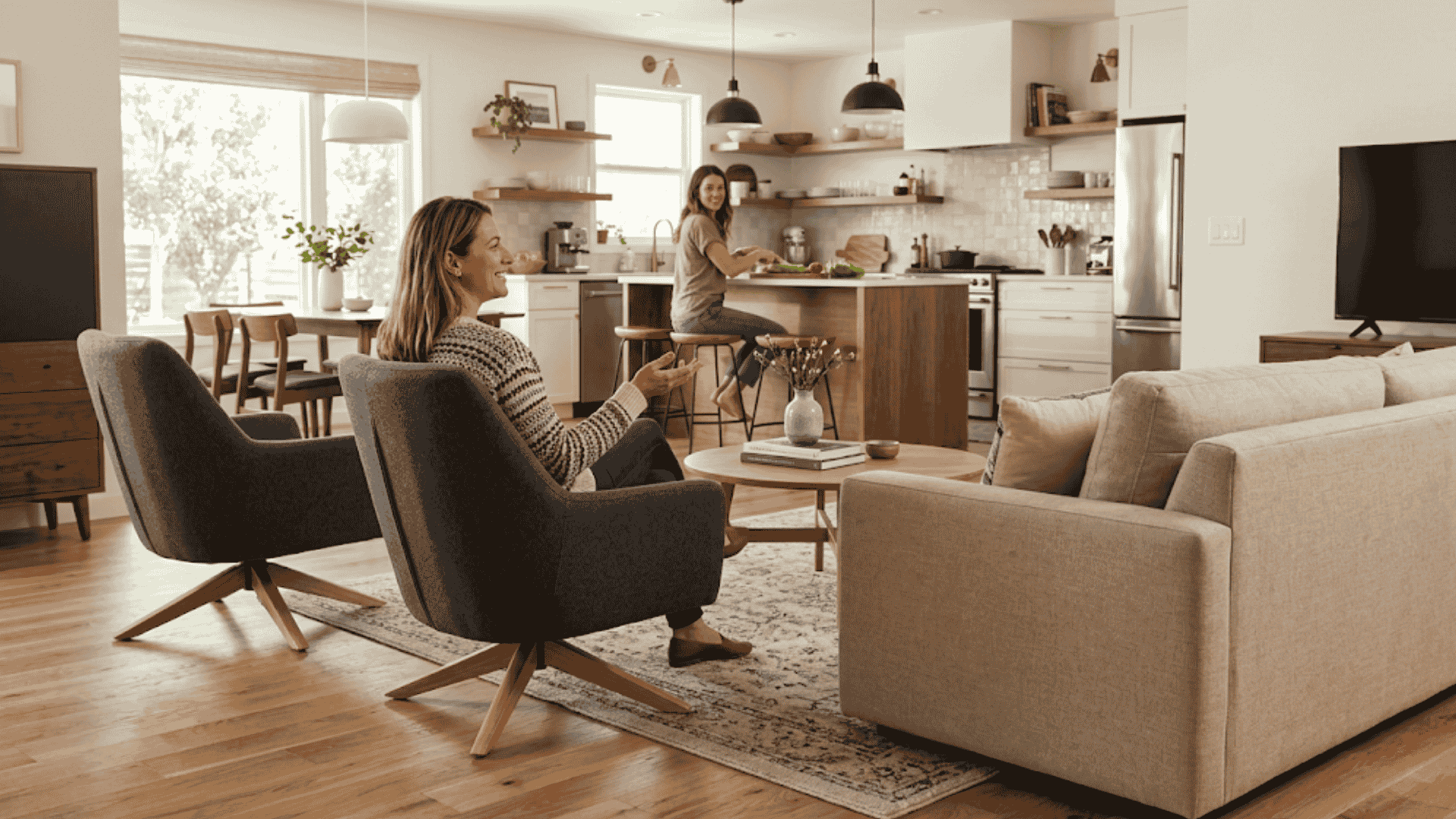image showcasing the versatility of swivel chairs in an open-concept living area. (5)