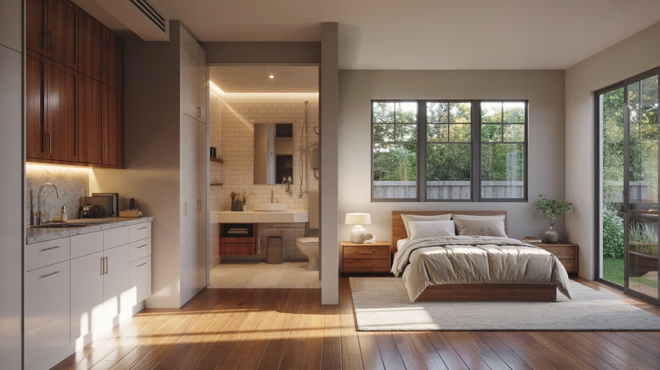 in-law suite addition with private entrance, kitchenette, bedroom, bathroom, and soundproofing