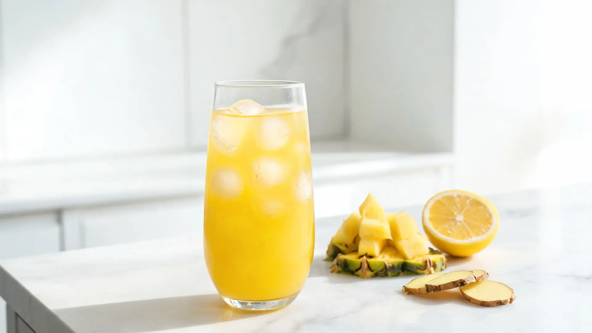 indian ginger pineapple juice fresh pineapple ginger juice in glass with ice cubes pineapple chunks ginger slices and lemon on white marble surface