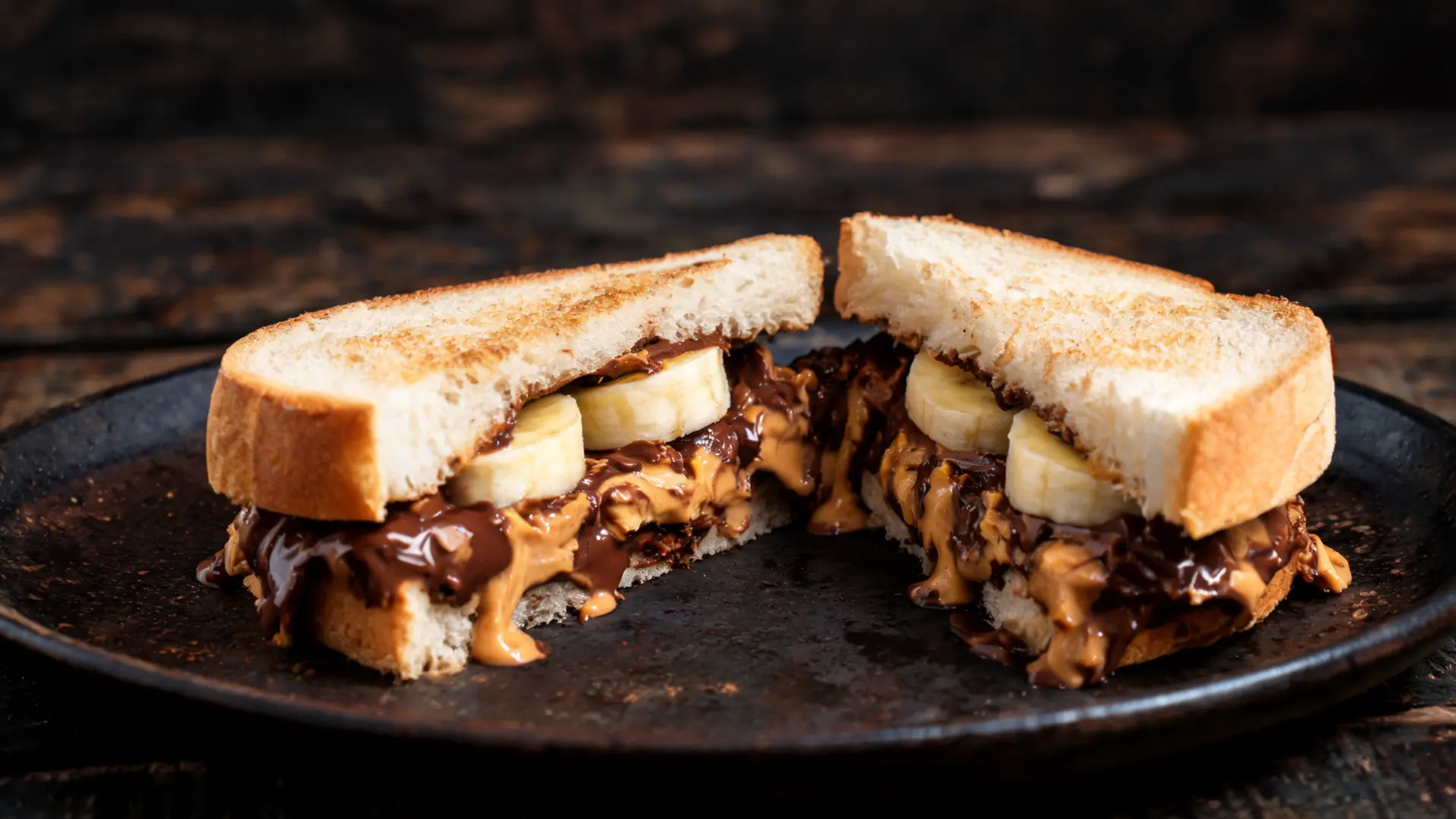 indulgent peanut butter banana sandwich with chocolate spread and banana slices in dessert style lighting