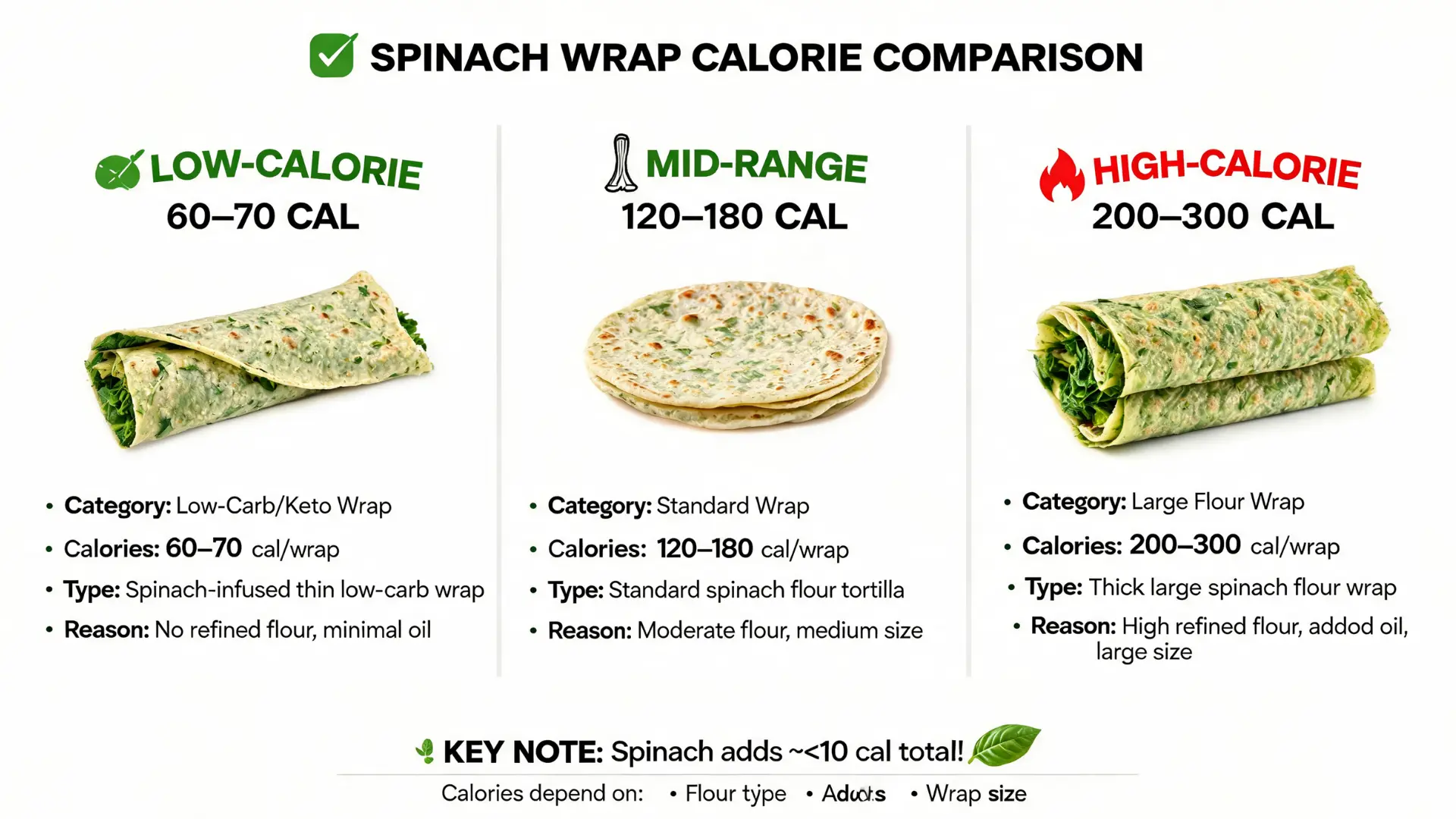 infographic comparing low, medium, and high calorie spinach wraps by type, calories, and what affects their nutrition values