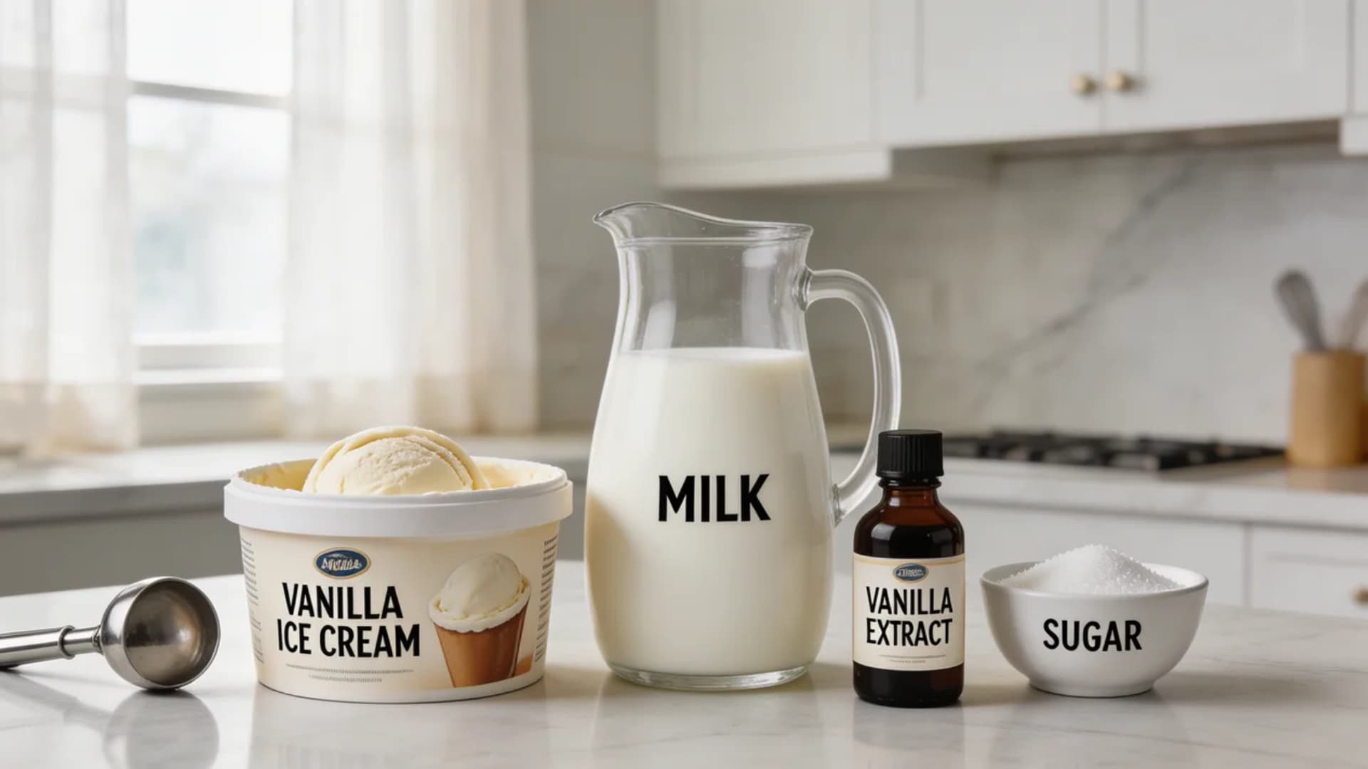 ingredients for making a milkshake vanilla ice cream, milk, vanilla extract, and sugar, arranged neatly on a kitchen counter