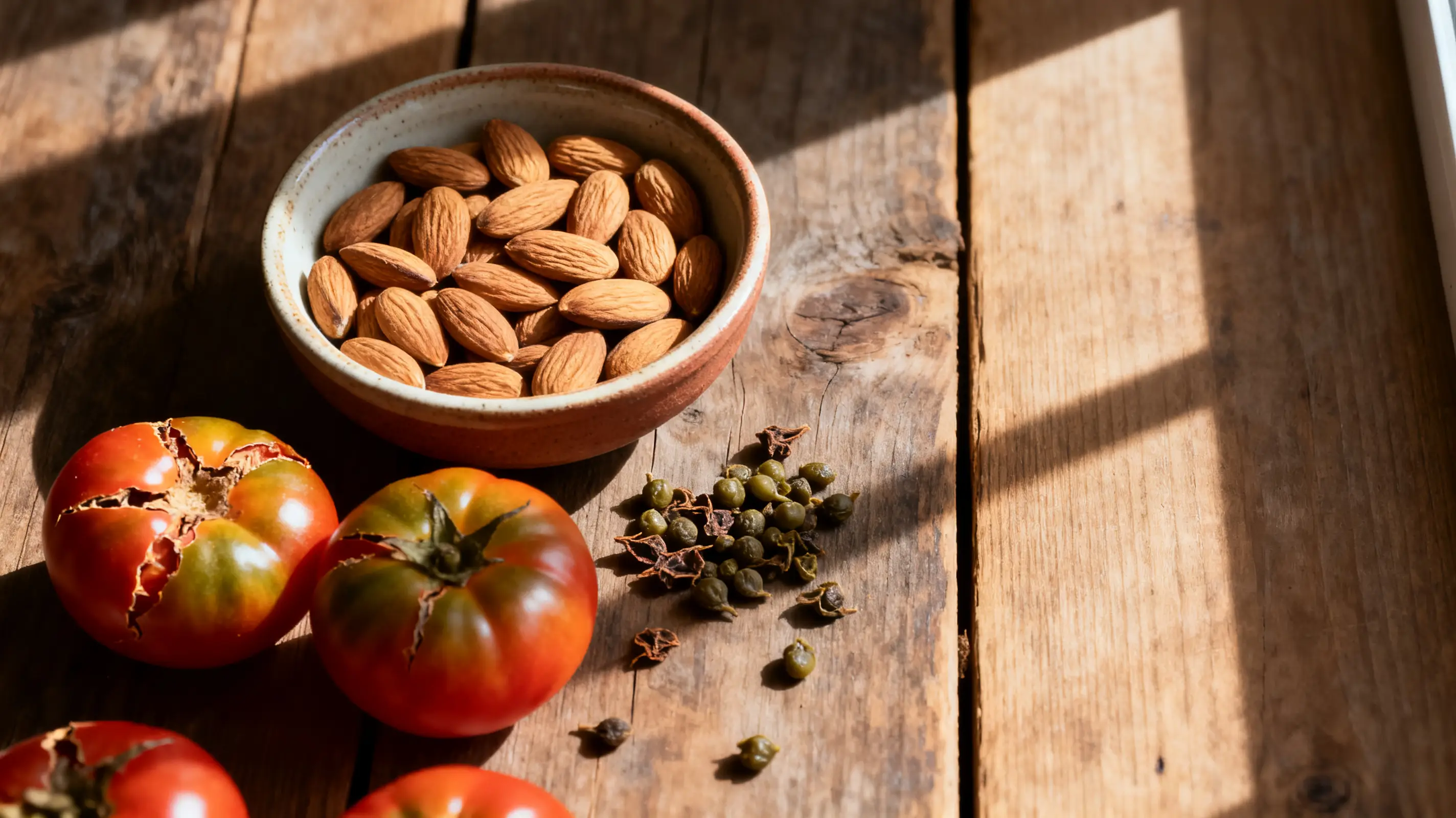 Bowl of almonds and heirloom tomatoes on rustic wooden table in sunlight