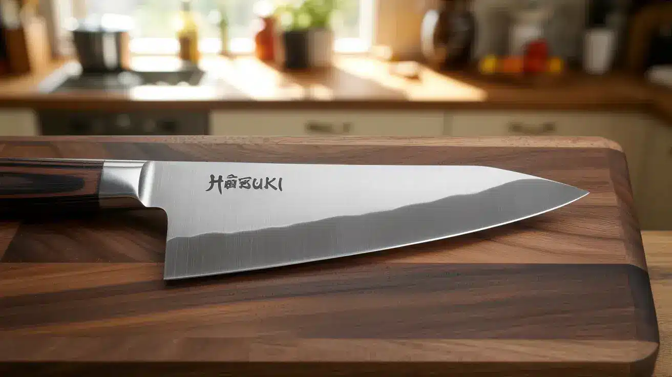 japanese Honesuki knife on dark walnut board with side lighting highlighting triangular blade, stiff spine, and sharp pointed tip for precision work (1)