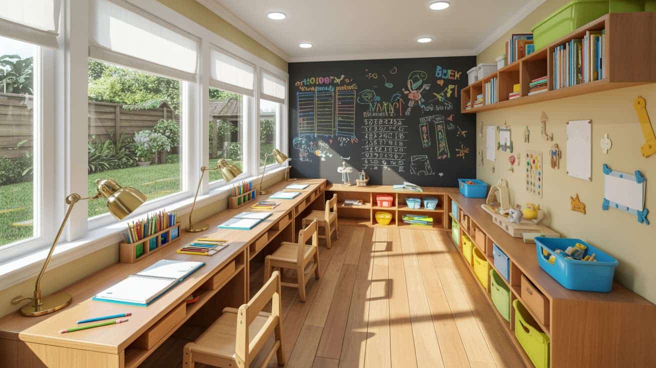 kids homework room with long desk chalkboard wall storage bins and bright task lighting