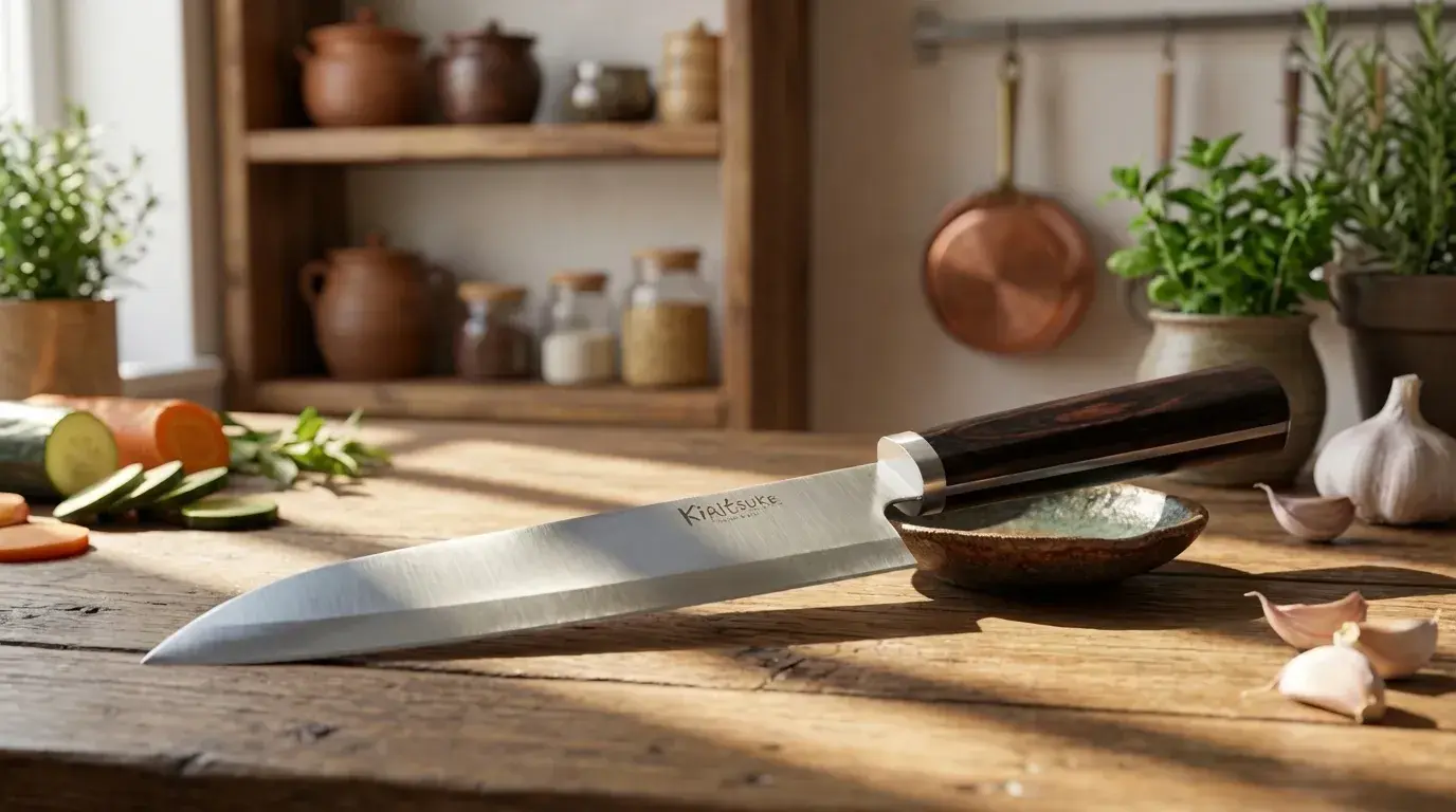 kiritsuke knife on wooden board with sliced vegetables and fish, showing angled tip and versatile cutting use in kitchen (1)