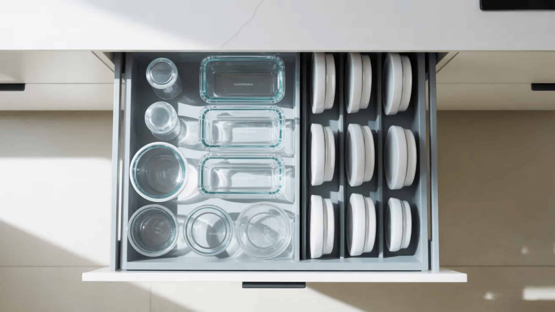 kitchen drawer divided into two zones with stacked tupperware containers on one side and upright matching lids on the other