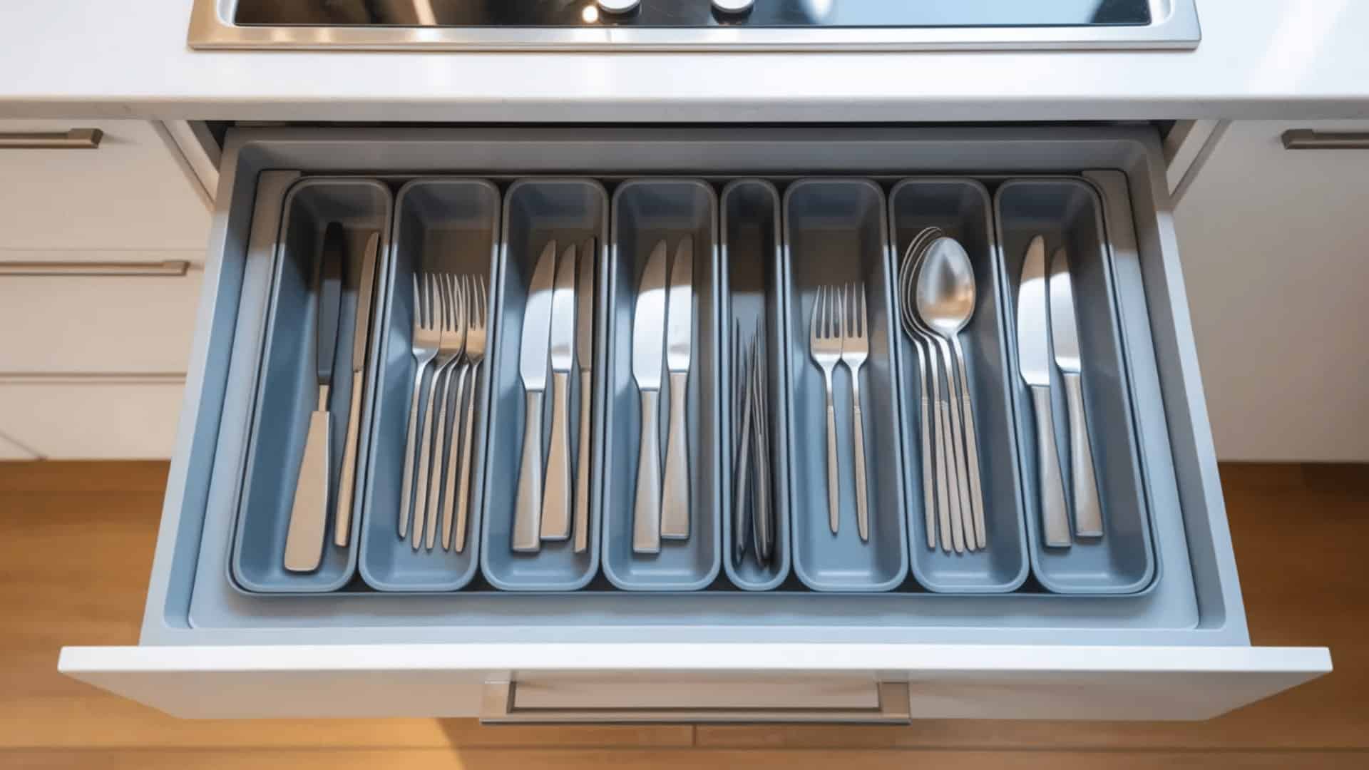 kitchen drawer fitted with grey expandable organizer stretching edge to edge holding sorted utensils in multiple compartments (1)