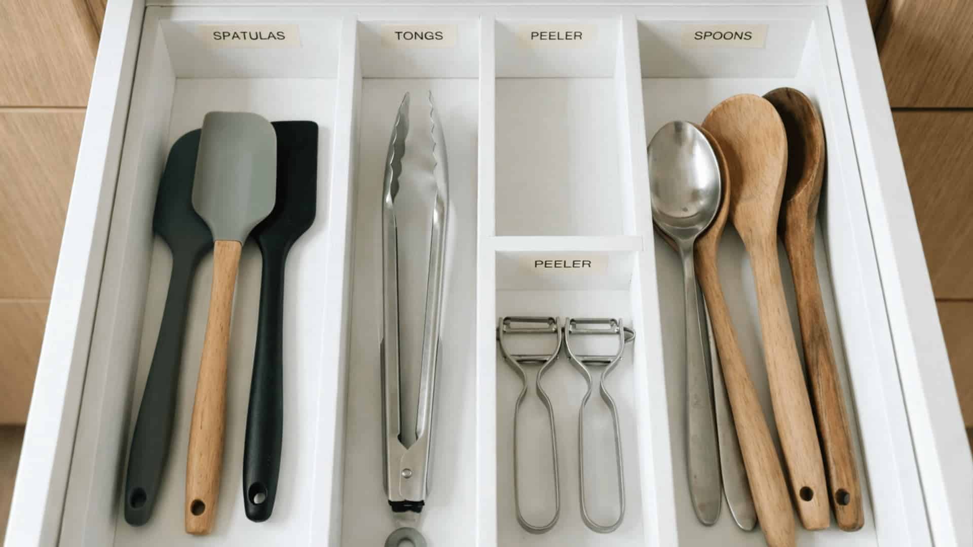 kitchen drawer organizer with small printed labels on each section and cooking tools neatly placed in every labeled slot