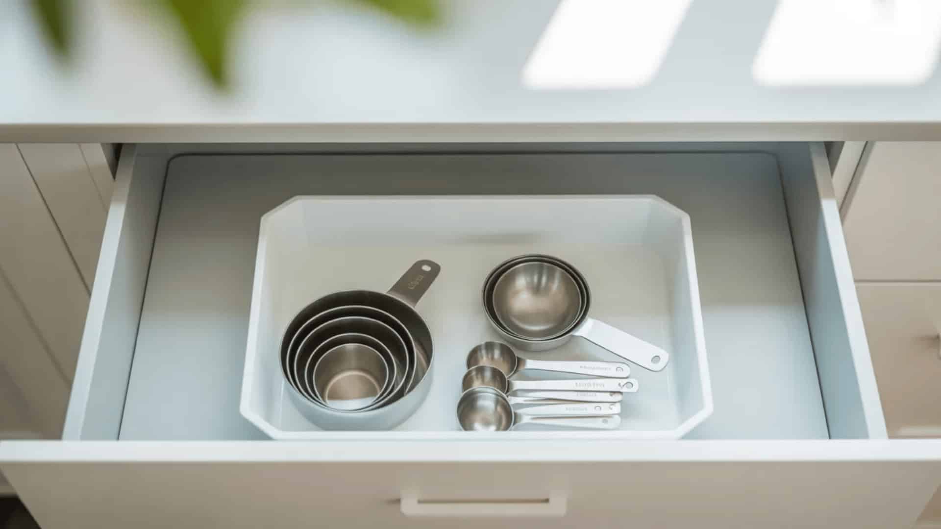 kitchen drawer with divided tray holding nested measuring cups on one side and measuring spoons on a ring on the other