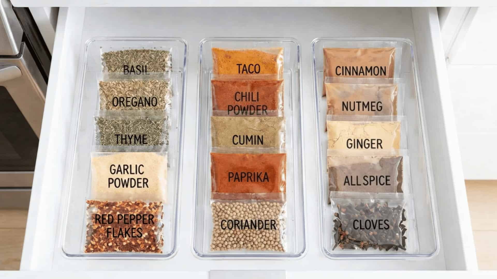 kitchen drawer with three clear acrylic bins holding sorted spice packets and seasoning sachets grouped by type labels up