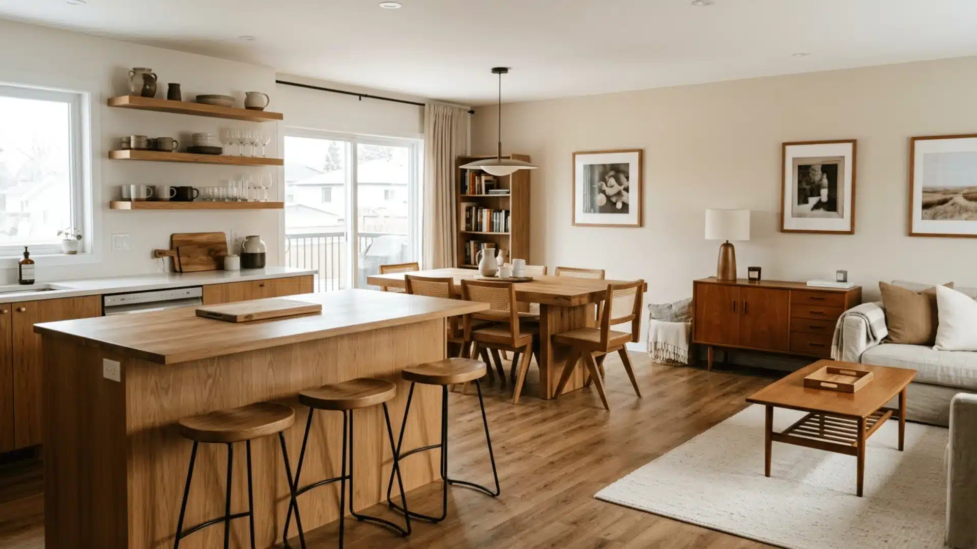 kitchen island, dining table, shelving, and living room furniture even small touches like wooden
