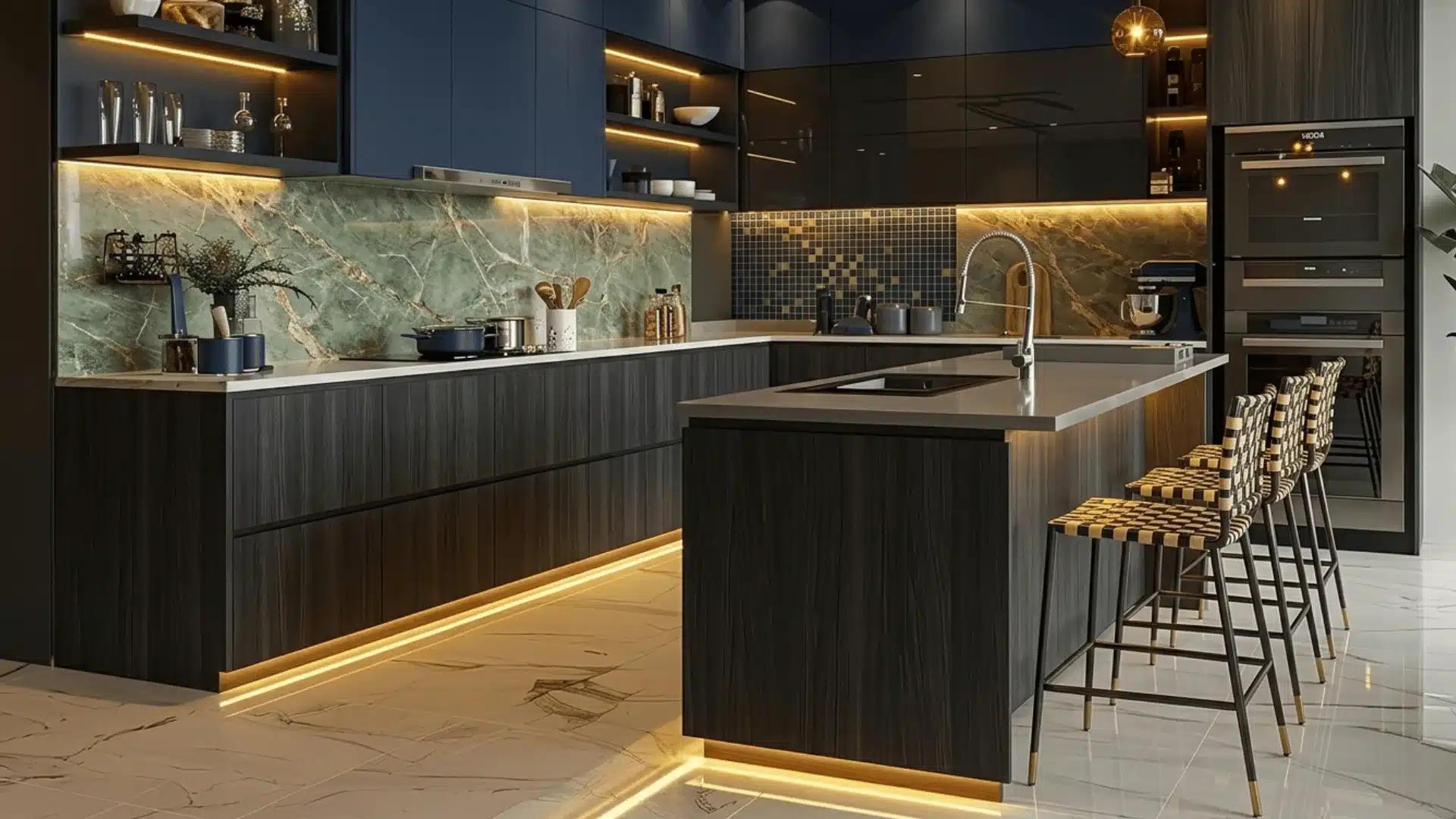 kitchen scene with a new color palette and updated chair cabinets now feature a rich dark oak wood,