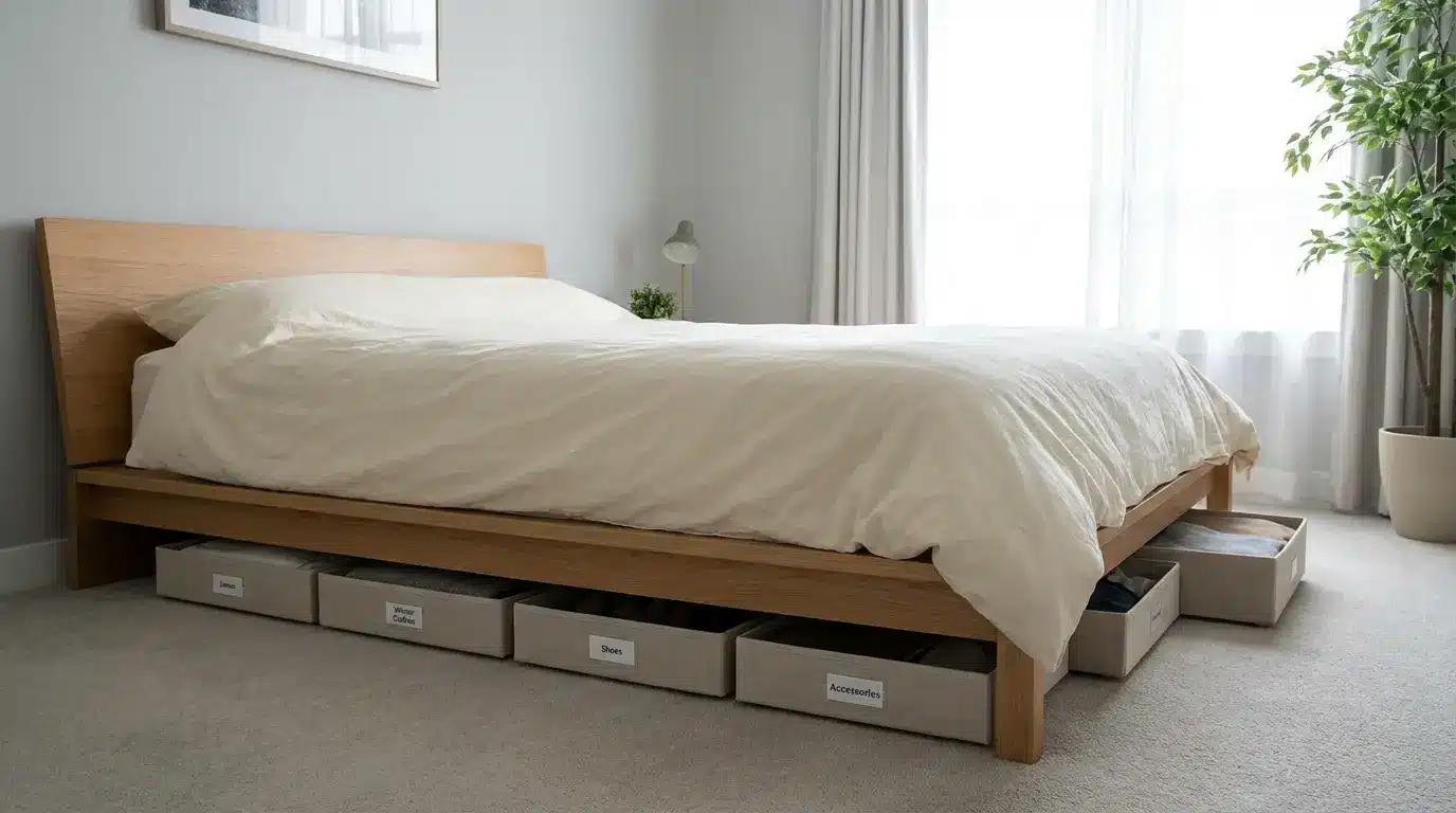 labeled storage bins neatly arranged under a bed for seasonal clothes and bedding