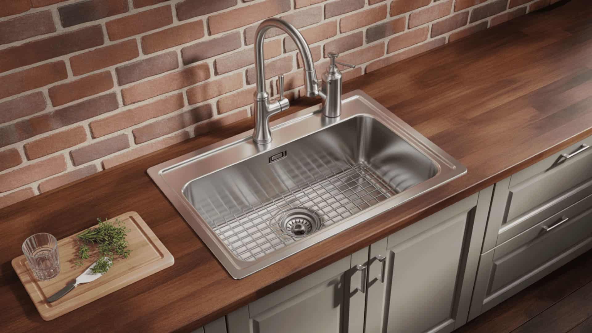 large stainless steel drop-in sink with wire grid, brushed nickel faucet, wood countertop, gray cabinets, and exposed brick wall background