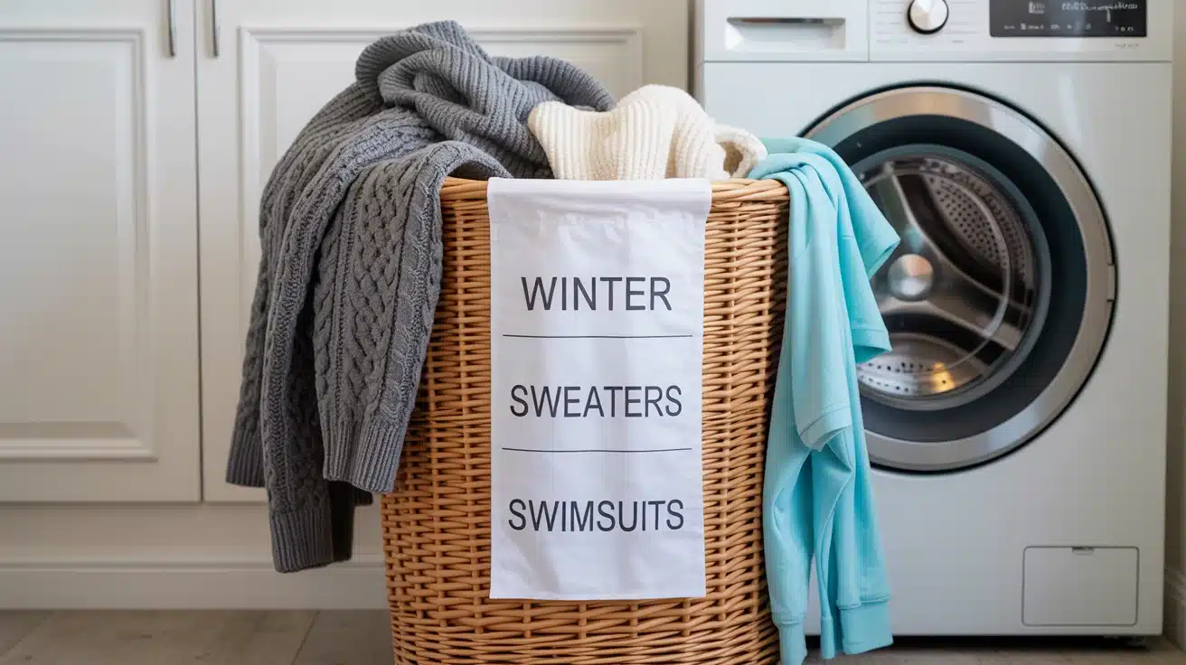 laundry basket designated for seasonal items like winter clothes and swimsuits stored neatly for organization