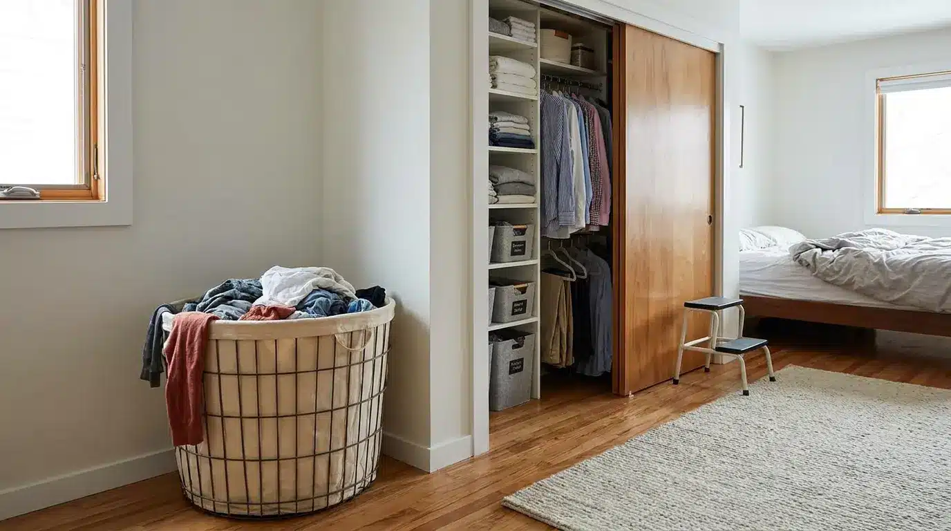 laundry basket positioned near clothing area to prevent clothes from piling up