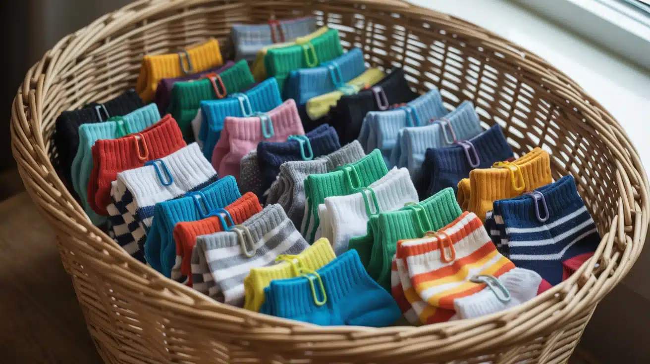 laundry clips attached to pairs of socks, preventing them from getting lost or mismatched in the wash.
