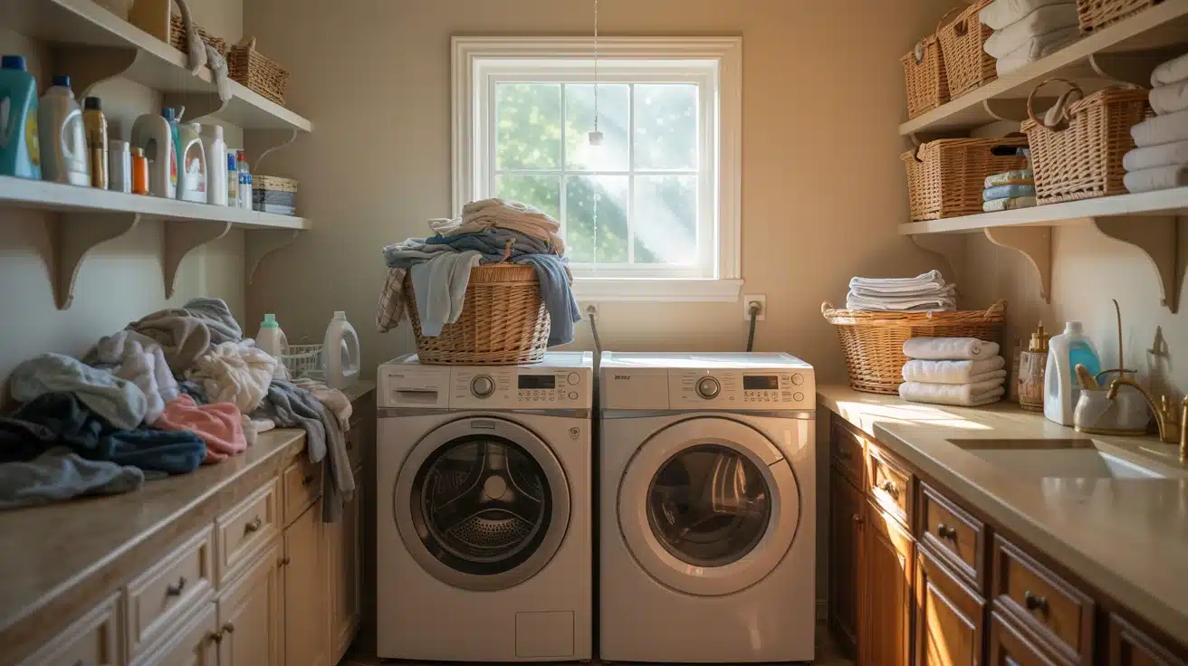 laundry room showing messy and clean sides with washer, baskets, and folded clothes in a simple, real home setting