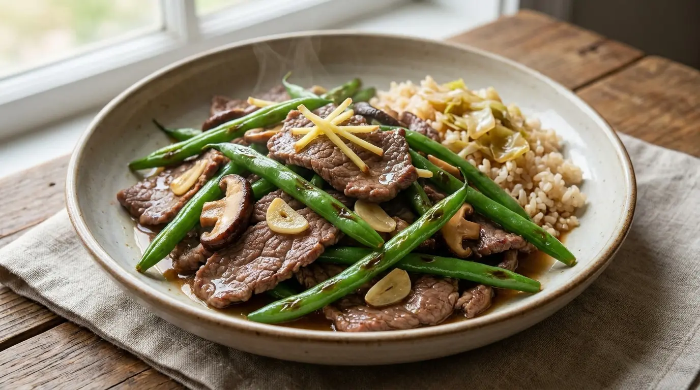 lean beef and green bean stir fry with mushrooms garlic ginger and a light soy glaze