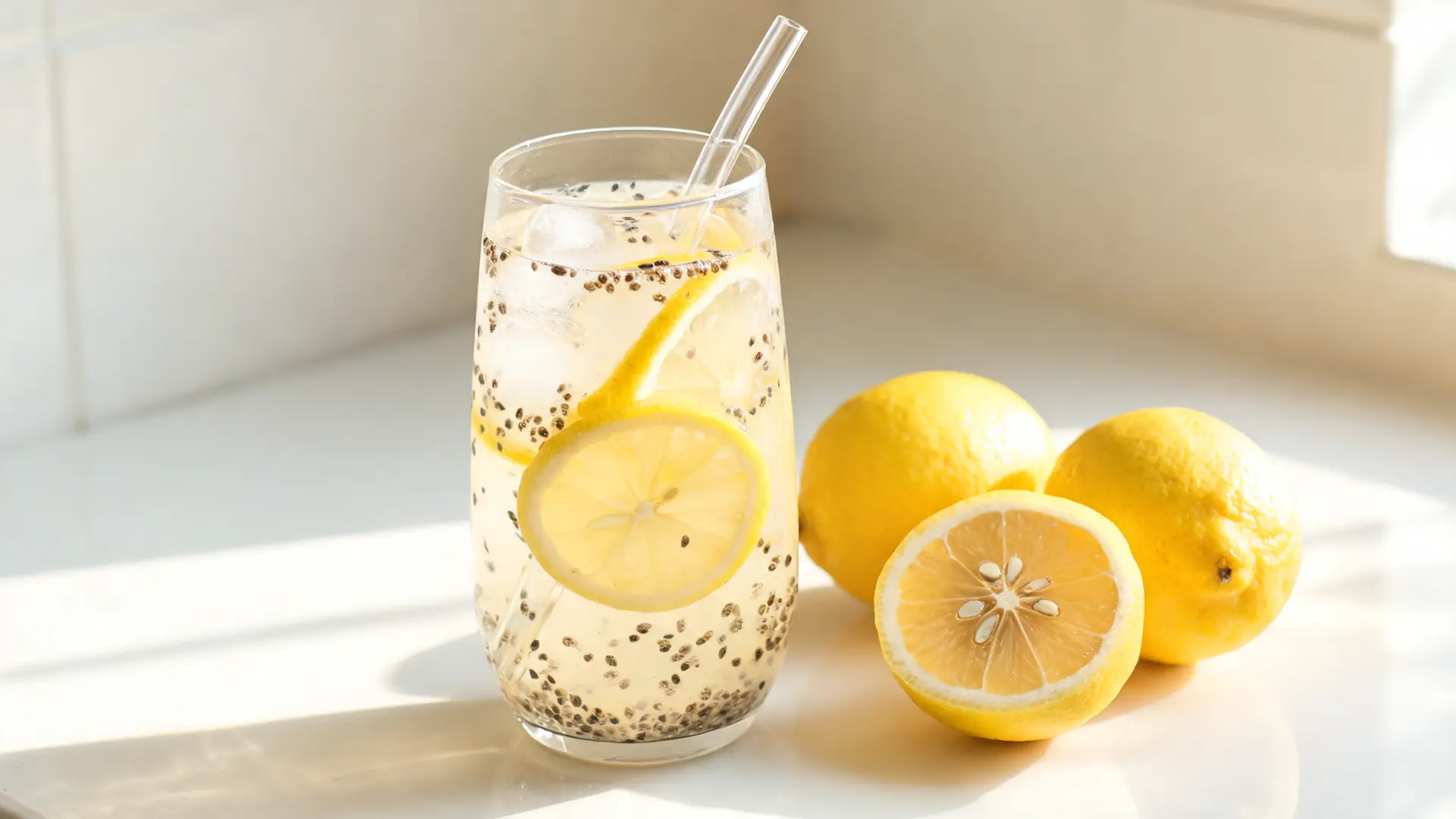 lemon chia seed water with chia seeds, lemon slices, ice, and fresh lemons on a white counter