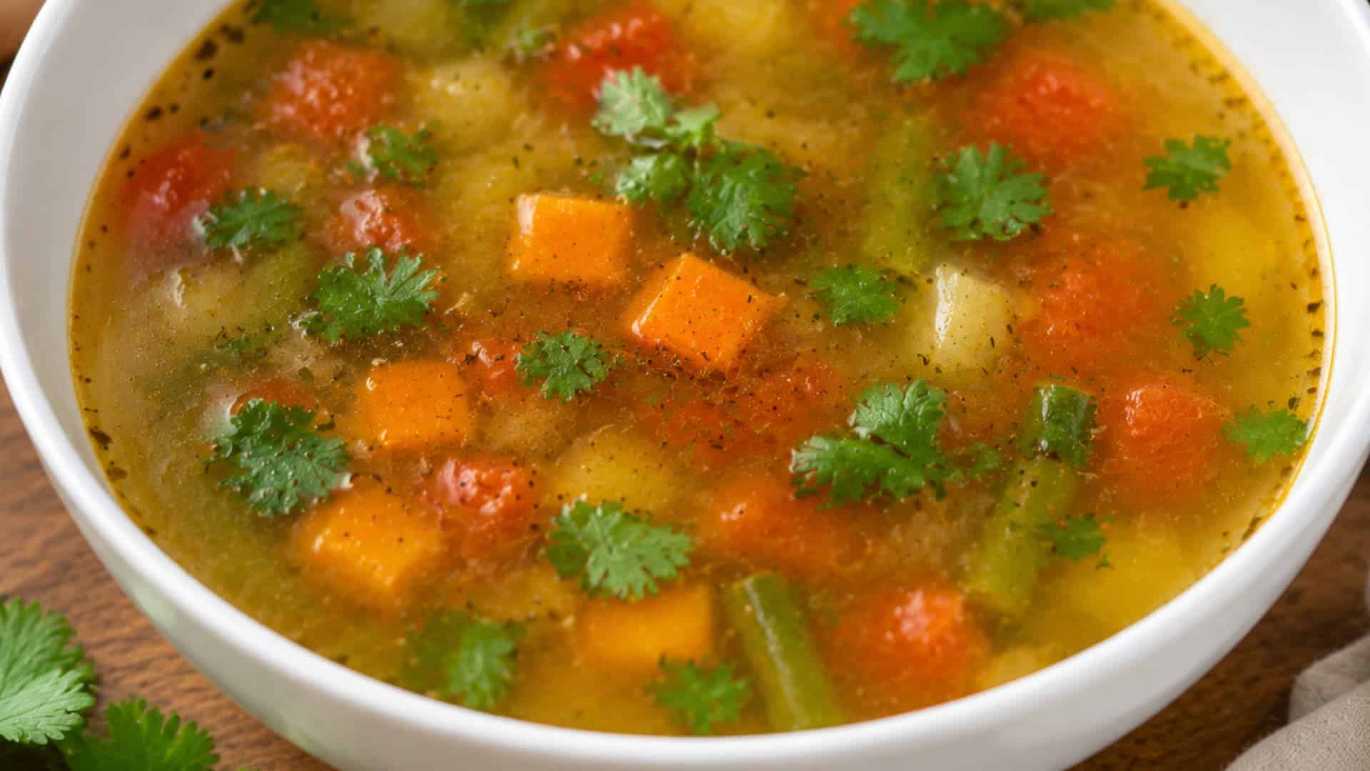 light indian vegetable clear soup with diced carrots celery and herbs in golden broth served in white bowl on rustic wooden table